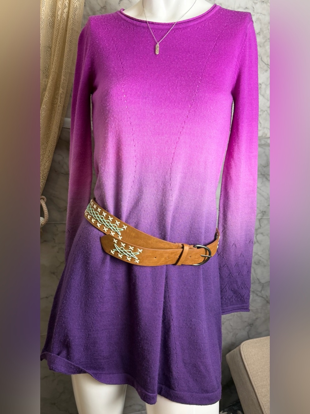 Purple Ombre 100% Merino Wool Sweater Tunic Dress XS Fit & Flare Cozy Boho Neve